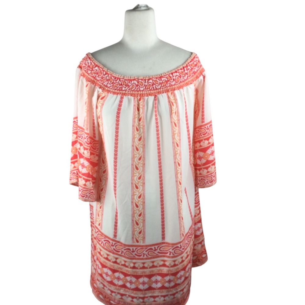 Anthropologie Jealous Tomato Off-shoulder White and Orange Dress,‎ Size Small